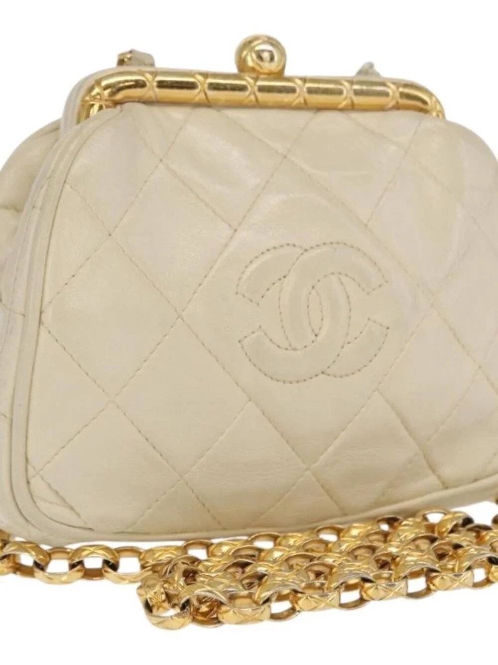 CHANEL Matelasse Chain Shoulder Bag Leather Ivory Gold CC Auth 163424